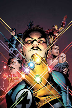 6+boys armor bald black_bodysuit black_bolt_(marvel) black_facial_hair bodysuit brown_hair charles_xavier comic_cover_redraw commentary cradling derivative_work doctor_strange doctor_strange_(series) english_commentary facial_hair fantastic_four gem glint gloves glowing glowing_eyes gradient_background green_gem grey_background infinity_gauntlet infinity_gems iron_man iron_man_(series) jim_cheung looking_at_viewer magic male_focus marvel mature_male multicolored_armor multicolored_hair multiple_boys muscular muscular_male namor official_art parted_lips pointy_ears power_armor red_armor reed_richards short_hair superhero_costume third-party_source western_comics_(style) white_hair x-men yellow_armor yellow_eyes yellow_gem yellow_gloves