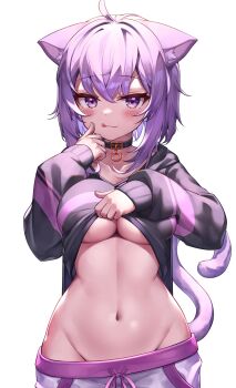 1girl :3 absurdres ahoge alternate_breast_size animal_collar animal_ear_fluff animal_ears baggy_pants black_collar blush breasts cat_ears cat_girl cat_tail cleavage collar collarbone crop_top deaver drawstring hair_between_eyes highres hololive hololive_gamers large_breasts long_sleeves looking_at_viewer midriff navel nekomata_okayu nekomata_okayu_(1st_costume) no_bra no_panties pants purple_eyes purple_hair short_hair simple_background sleeves_past_wrists solo sweatpants tail virtual_youtuber white_background white_pants
