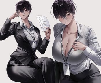 1girl absurdres black_hair black_jacket black_nails black_pants black_suit breasts brown_eyes commentary cross cross_earrings crossdressing crossdressing_(ftm) earrings english_commentary formal_clothes hair_between_eyes highres holding holding_paper id_card jacket jewelry large_breasts long_sleeves may_(ulularts) mole mole_under_eye multicolored_hair multiple_views open_clothes open_mouth open_shirt original pants paper shirt short_hair streaked_hair suit teeth ulularts unworn_jacket white_shirt