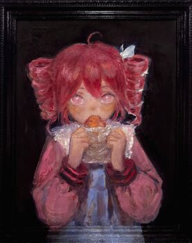 Rule 34 | 1girl, ahoge, black background, bright pupils, commentary, croissant, dress, drill hair, eating, english commentary, food, hair ribbon, highres, holding, holding food, kasane teto, kasane teto (sv), long sleeves, looking at viewer, oil painting (medium), painting (medium), photo (medium), picture frame, pink eyes, pink hair, pink sleeves, portrait, ribbon, short hair, solo, svveetberry, synthesizer v, traditional media, twin drills, two-tone dress, utau, white dress, white pupils, white ribbon