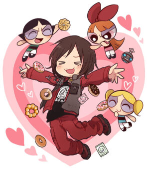 >_< 1boy 3girls 50yen_(gojiue) :3 :d ^_^ arm_up beard_stubble black_hair black_shirt black_shoes blade_ii_(movie) blonde_hair blossom_(ppg) blue_dress blunt_bangs blunt_ends blush bow brown_hair bubbles_(ppg) buttercup_(ppg) cargo_pants child chocolate_donut cigarette closed_eyes commentary_request covering_own_mouth cross cross_necklace crossover deformed donut dress facial_hair facing_another floating floating_food food french_cruller full_body furrowed_brow gold_choker green_dress grey_vest hair_bow hand_on_another's_head hand_over_own_mouth heart heart_background holding holding_cigarette holding_donut holding_food jacket jewelry leggings long_hair long_sleeves loving_aura mole mole_above_mouth multiple_girls multiple_necklaces mustache_stubble necklace open_clothes open_jacket open_mouth open_vest orange_hair outstretched_arms pants parted_hair pink_donut pink_dress pon_de_ring powerpuff_girls print_shirt raised_inner_eyebrows red_bow red_jacket red_pants red_shoes scud_(blade_ii) shirt shoes short_hair short_twintails simple_background smile sneakers strapless strapless_dress stubble tube_dress twintails two-tone_dress uneven_eyes v-shaped_eyebrows vest white_background white_leggings x3