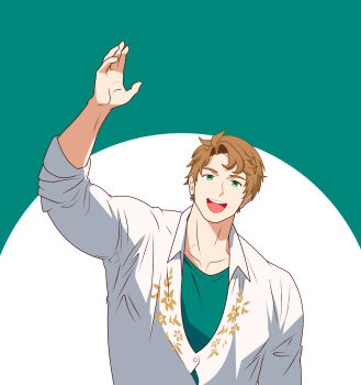 1boy boucheron_(fire_emblem) brown_hair collared_shirt fire_emblem fire_emblem_engage green_eyes green_shirt highres looking_at_viewer male_focus nintendo open_mouth shirt short_hair summoner1709041 teeth undershirt upper_teeth_only