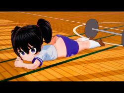2girls 3d animated ass black_hair blue_eyes buruma butt_crack buttcrack competition dumbbell freckles gym kyojiri_loli loli looking_at_viewer lying mario_(series) mario_party mario_party_2 minigame mizuki_ichiro multiple_girls nintendo on_floor on_stomach pants ponytail rokku-d shorts sound tagme twintails video
