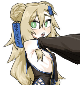 1girl bare_shoulders blonde_hair blush breasts detached_sleeves double_bun green_eyes hair_bun highres jiangshi_costume long_hair looking_at_viewer matangom matangomu-chan ofuda ofuda_on_head open_mouth original sharp_teeth sideboob small_breasts solo teeth upper_body