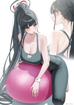 1girl ball black_hair blue_archive blush breasts cleavage exercise_ball hair_ornament hair_tie hairclip halo large_breasts long_hair mellozzo multiple_views pants ponytail red_eyes rio_(blue_archive) solo sports_bra sweat sweatband yoga_pants
