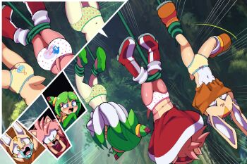 3girls age_difference amy_rose armpits ass back-print_panties blue_eyes blush boots comic cosmo_(sonic) cream_the_rabbit day dress embarrassed emphasis_lines euf-dreamer eyelashes female_focus flat_chest forest full_body furry furry_female green_eyes green_hair green_panties hanging hedgehog highres knee_boots legs loli multiple_girls nature navel nipples no_bra open_mouth outdoors panties pink_hair plant print_panties rabbit_ears rabbit_girl rabbit_tail red_dress scene_reference shiny_clothes shiny_skin sky sleeveless sleeveless_dress sonic_(series) tail tears thighs underwear upside-down upskirt vines white_panties yellow_eyes yellow_panties