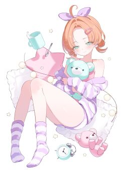1girl ahoge akechi_anna alarm_clock bare_legs bare_shoulders blue_eyes clock cup escape_25dm full_body hair_ornament hairclip highres hug hugging_object long_sleeves looking_at_viewer meitantei_precure! mug orange_hair pajamas parallel_hairclips pillow pink_pajamas pink_pillow pink_shirt precure purple_shorts purple_socks shirt shorts simple_background sleepy socks solo spoon star-shaped_pillow star_(symbol) striped_clothes striped_pajamas striped_shorts striped_socks stuffed_animal stuffed_toy two-tone_socks white_background white_socks