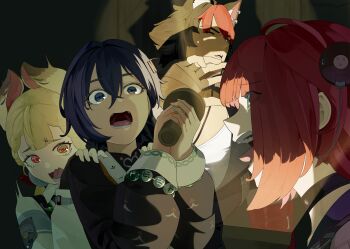 1boy 3girls @_@ absurdres accessories alice_thymefield animal_ear_fluff animal_ears behind_another beizi_(clothing) belle_(delicate_sunlight)_(zenless_zone_zero) belle_(zenless_zone_zero) black_gloves black_hair black_jacket black_sailor_collar blonde_hair blue_hair cardigan chinese_clothes choker commentary_request dog_boy dog_ears dress dress_over_shirt ear_piercing fingerless_gloves flashlight from_side gloves green_eyes hair_between_eyes hair_ornament hand_on_another&#039;s_shoulder hearing_aid heterochromia highres holding holding_flashlight indoors jacket komano_manato letter_hair_ornament multicolored_hair multicolored_nails multiple_girls muscular muscular_male official_alternate_costume one_eye_closed open_mouth orange_dress pectorals piercing pink_cardigan rabbit_ears rabbit_girl red_eyes red_hair sailor_collar scar scar_across_eye scar_on_face scared shadow shinarika396 shirt short_hair sphere_hair_ornament tears teeth tongue twintails ukinami_yuzuha white_shirt yellow_eyes zenless_zone_zero