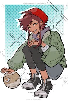 1girl abstract_background absurdres ball beanie black_shoes blue_shorts brown_hair dark-skinned_female dark_skin fiy1827565 full_body green_jacket hat highres jacket luz_noceda red_hat shoes short_hair shorts sidelocks sitting smile solo squatting teeth the_owl_house yellow_eyes