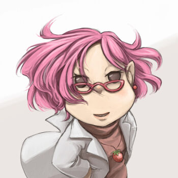 1girl alternate_costume black_eyes brittany_(pikmin) commentary_request cowboy_shot earrings eyelashes floating_clothes floating_hair food fruit glasses grey_background hands_in_pockets happy jewelry lab_coat lapels light_blush lips long_sleeves looking_at_viewer naru_(wish_field) necklace nintendo notched_lapels open_mouth pikmin_(series) pink_hair pink_lips pointy_nose red-framed_eyewear red_sweater short_hair smile solid_eyes solo sphere_earrings strawberry strawberry_necklace sweater teeth triangular_eyewear turtleneck turtleneck_sweater two-tone_background white_background