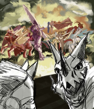 Rule 34 | 6+boys, craniummon, digimon, digimon (creature), duftmon, dynasmon, examon, gankoomon, hackmon (digimon), highres, horns, looking at viewer, magnamon, mask, meme, multiple boys, omegamon, royal knights, sleipmon, two soyjaks pointing (meme)