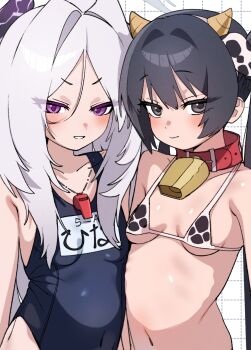 2girls absurdres bikini black_hair blue_archive breasts commentary demon_girl demon_horns demon_wings highres hina_(blue_archive) hina_(swimsuit)_(blue_archive) horns je_o_mo kisaki_(blue_archive) korean_commentary looking_at_viewer micro_bikini multiple_girls navel old_school_swimsuit purple_eyes school_swimsuit small_breasts swimsuit wings
