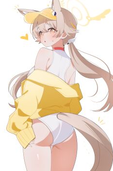 1girl absurdres animal_ears ass blonde_hair blue_archive clothing_cutout commentary extra_ears fox_ears fox_girl fox_tail halo hifumi_(blue_archive) highres jacket jacket_partially_removed long_hair looking_back low_twintails one-piece_swimsuit open_mouth seia_(blue_archive) seia_(swimsuit)_(blue_archive) shusuchii simple_background sleeves_past_wrists solo swimsuit symbol-only_commentary tail tail_through_clothes twintails visor_cap white_background white_one-piece_swimsuit winged_hair_ornament winged_halo yellow_eyes yellow_halo yellow_jacket yellow_visor