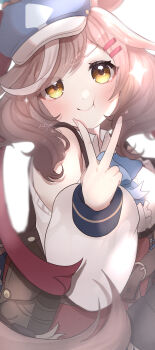 1girl :t absurdres animal_ears bare_shoulders blue_hat blush brown_eyes brown_hair closed_mouth clothing_cutout commentary_request fingernails hat highres horse_ears horse_girl kurumiya_(krmy_p) long_sleeves looking_at_viewer matikanetannhauser_(panpaka_tiltott)_(umamusume) matikanetannhauser_(umamusume) puffy_cheeks puffy_long_sleeves puffy_sleeves revision shirt shoulder_cutout smile solo sparkle tilted_headwear umamusume v v_over_mouth white_shirt white_streaks