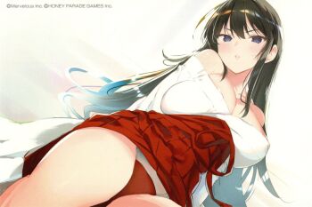 2025 :o black_eyes black_hair blush breasts cleavage color_halftone commentary copyright_name flower-shaped_pupils hakama hakama_skirt happy_new_year highres japanese_clothes kagura_(senran_kagura) kimono large_breasts long_hair looking_at_viewer low_neckline lying marvelous miko new_year non-web_source official_art on_back panties pantyshot red_hakama red_panties ribbon-trimmed_sleeves ribbon_trim scan senran_kagura skirt symbol-shaped_pupils teeth underwear white_kimono wide_sleeves yaegashi_nan