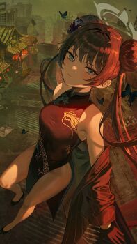 1girl absurdres bare_legs bare_shoulders bench black_hair black_shoes blue_archive blue_butterfly blue_eyes bug building butterfly chinese_clothes cityscape commentary_request double_bun dragon dress eastern_dragon hair_bun halo hammi high_heels highres insect jacket kisaki_(blue_archive) ladder lantern light_blush looking_at_viewer off-shoulder_jacket off_shoulder paper_lantern shoes skyscraper sleeveless sleeveless_dress solo stairs suit_jacket thighs twintails wanted_poster
