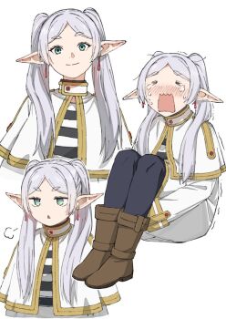 1girl black_pantyhose boots capelet commentary_request crying earrings elf floating_earrings frieren green_eyes highres jewelry jitome knees_up korean_commentary multiple_views pantyhose parted_bangs pointy_ears ppujinmao puff_of_air sitting smile sousou_no_frieren striped_clothes teardrop_earrings triangle_mouth twintails white_background white_capelet