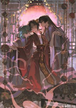 Rule 34 | 1girl, 2boys, absurdres, annoyed, aqua hair, bird hair ornament, black hair, black sailor collar, boy sandwich, check copyright, chinese commentary, collarbone, commentary request, copyright request, dress, eyelashes, flower knot, full body, grey eyes, hair ornament, hairpin, hand on hand, hetero, highres, holding hands, indoors, jealous, kneeling, lattice, long dress, long hair, long sleeves, medium hair, multiple boys, open mouth, orange sky, original, parted lips, polyamory, purple hanfu, red ribbon, red robe, ribbon, robe, sailor collar, sandwiched, seika (osbuzr), short hair, sky, smoke, straight hair, sunset, teeth, thick eyebrows, v-shaped eyebrows, very long hair, waist ribbon, watermark, weibo watermark, white dress, wide sleeves