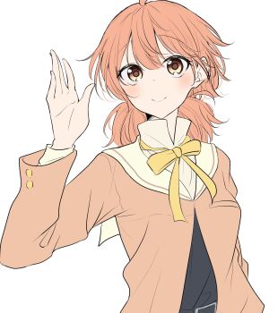 1girl brown_eyes brown_shirt closed_mouth commentary hair_between_eyes highres koito_yuu long_sleeves looking_at_viewer low_twintails medium_hair nuooooodoomo orange_hair shirt simple_background solo twintails waving white_background yagate_kimi_ni_naru