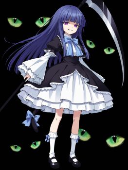 1girl black_background black_shoes blue_hair blunt_bangs blunt_ends dress empty_eyes floating_hair frederica_bernkastel frilled_dress frills full_body grin highres holding holding_scythe long_hair long_sleeves niyane puffy_sleeves purple_eyes scythe shoes sidelocks smile socks solo standing umineko_no_naku_koro_ni white_socks