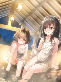 2girls bare_shoulders barefoot black_hair blush_stickers bob-cut_neighbor_girl_(tachiinu) brown_eyes brown_hair clothes_lift commentary_request feet flashing groin inu_no_huguri knee_up lantern lifting_own_clothes loli long-haired_neighbor_girl_(tachiinu) long_hair looking_at_viewer multiple_girls naked_towel night onsen open_mouth original outdoors pussy short_hair soaking_feet spread_legs steam stomach thighs toes towel towel_lift water wet wet_towel