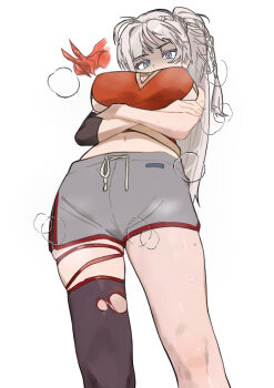 1girl arms_under_breasts black_leggings blue_eyes breasts cleavage covered_mouth cowboy_shot crossed_arms d5y0m dikke_(reverse:1999) dikke_(the_pointy_end_up)_(reverse:1999) disembodied_hand dolphin_shorts elbow_pads from_below grey_shorts large_breasts leggings long_hair looking_at_viewer looking_down midriff navel ponytail red_tank_top reverse:1999 shaded_face shorts simple_background single_detached_legging single_elbow_pad skindentation solo standing steaming_body sweat tank_top torn_clothes torn_leggings v white_background white_hair