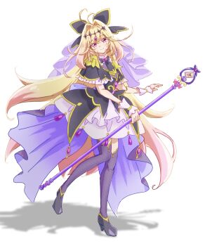 1girl absurdres antenna_hair black_capelet black_thighhighs brooch butterfly_hat_ornament capelet cure_arcana_shadow diamond_hairband dress frilled_capelet frills hair_intakes hat_ornament heart heart_brooch high_heels highres jewelry layered_dress looking_at_viewer magical_girl meitantei_precure! moria_luluka precure purple_thighhighs purple_veil purple_wrist_cuffs sauna_detective thighhighs veil wand white_wrist_cuffs wrist_cuffs