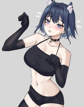 1girl alternate_costume animal_ears bell black_choker black_gloves black_shorts black_thighhighs blue_eyes blue_hair breasts cat_ears cat_girl choker crop_top elbow_gloves flying_sweatdrops gloves highres hololive hololive_english large_breasts looking_at_viewer medium_hair navel neck_bell nurizza_ilst ouro_kronii short_shorts shorts solo thighhighs virtual_youtuber