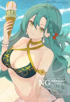 1girl alternate_costume aqua_hair atoatto bare_shoulders beach bikini blue_sky bow braid breasts chloe_(fire_emblem) cleavage closed_mouth cloud criss-cross_halter earrings fire_emblem fire_emblem_engage food green_bikini green_eyes halterneck holding holding_ice_cream_cone ice_cream ice_cream_cone jewelry large_breasts long_hair nintendo outdoors side_braid sky smile solo swimsuit teardrop_earrings upper_body