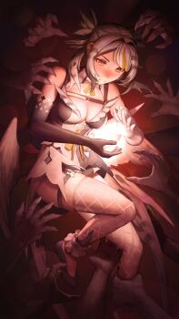 Rule 34 | 1girl, absurdres, bare shoulders, black gloves, black shoes, blonde streaks, breasts, casting spell, cleavage, cleavage cutout, clothing cutout, commentary, commission, dress, elbow gloves, english commentary, feathered wings, fishnet thighhighs, fishnets, foot out of frame, frilled anklet, frown, gloves, hair ornament, hairpin, hands up, highres, indie virtual youtuber, knee up, light particles, low wings, medium breasts, medium hair, minaly (vtuber), multicolored hair, neck ribbon, numanoan, orange eyes, ribbon, shoes, sidelocks, solo focus, streaked hair, thigh strap, thighhighs, twintails, virtual youtuber, white dress, white gloves, white hair, white thighhighs, wings, yellow ribbon