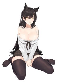 1girl animal_ears atago_(azur_lane) atago_(school_traumerei)_(azur_lane) azur_lane bare_shoulders black_hair black_neckerchief black_skirt black_thighhighs breasts cleavage clothes_pull collarbone female_focus full_body hair_between_eyes hair_ribbon highres j@ck large_breasts long_hair long_sleeves looking_at_viewer miniskirt mole mole_under_eye neckerchief off_shoulder panties pleated_skirt ribbon sailor_collar school_uniform serafuku shirt shirt_pull simple_background sitting skirt smile solo thighhighs underwear v_arms very_long_hair wariza white_background white_panties white_ribbon white_sailor_collar white_shirt yellow_eyes