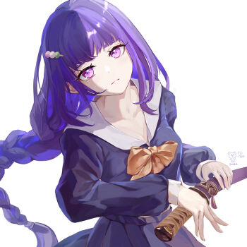 1girl alternate_costume artist_name bear_minstrel blunt_bangs braid breasts cleavage closed_mouth collarbone commentary dango dated english_commentary food genshin_impact gradient_hair hair_ornament hairclip head_tilt highres holding holding_sword holding_weapon katana large_breasts leaning_to_the_side long_braid long_sleeves looking_at_viewer looking_up mole mole_under_eye multicolored_hair purple_eyes purple_hair raiden_shogun school_uniform shade single_braid skirt solo streaked_hair sword upper_body wagashi weapon white_background