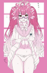 Rule 34 | 1girl, absurdres, blue archive, blush, bow, breasts, clothes lift, feather hair, flying sweatdrops, glasses, hair bow, hair ornament, hairclip, halo, highres, lifted by self, long hair, long sleeves, looking at viewer, monochrome, open mouth, panties, pink theme, pleated skirt, sailor collar, school uniform, serafuku, shimiko (blue archive), sidelocks, simple background, skirt, skirt lift, solo, sweat, tansui san (tcjp4784), translation request, twintails, underwear, very long hair