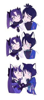 Rule 34 | 1boy, 1girl, absurdres, aimquqi, animal ear fluff, animal ears, black bodysuit, black bow, black choker, black gloves, black hair, blue cape, blue gem, blue kimono, blunt ends, body markings, bodysuit, bow, cape, capelet, cat boy, cat ears, cat girl, choker, choppy bangs, closed mouth, constricted pupils, covered collarbone, cropped torso, eyeliner, feathers, fingernails, fur-trimmed capelet, fur trim, gem, genshin impact, gloves, glowing markings, grey eyes, hair bow, hair intakes, hand on another's neck, hand on another's shoulder, hashtag-only commentary, headpat, highres, holding another's arm, japanese clothes, juban, kimono, leotard, long hair, looking at another, makeup, mandarin collar, mona (genshin impact), open clothes, open kimono, parted bangs, purple capelet, purple eyes, purple hair, purple leotard, purple sash, purple sleeves, red eyeliner, sash, scaramouche (genshin impact), sequential, sharp fingernails, shoulder peek, side cape, slit pupils, smug, squinting, star ornament, tsurime, twintails, vision (genshin impact), wanderer (genshin impact), white background, white kimono, wide-eyed, yellow feathers