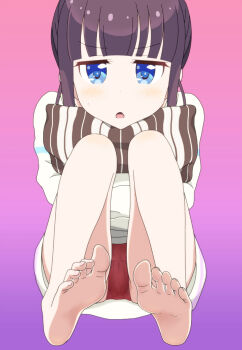 Rule 34 | 1girl, barefoot, black hair, blue eyes, blunt bangs, feet, female focus, foreshortening, gradient background, highres, hugging object, long hair, looking at viewer, new game!, ogyadya, open mouth, panties, pantyshot, parted lips, pillow, pillow hug, pink background, pov, purple background, red panties, sitting, soles, solo, takimoto hifumi, toes, underwear
