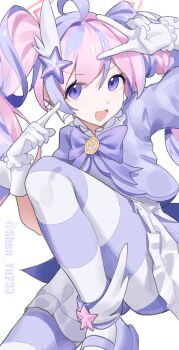 1girl :d absurdres ahoge arm_up artist_name blue_archive blush bow bowtie commentary dress eyes_visible_through_hair frilled_dress frills gloves hair_ornament halo hand_up highres jacket knee_up long_hair looking_at_viewer magical_girl making-of_available multicolored_hair multicolored_pantyhose official_alternate_costume official_alternate_hairstyle open_mouth pantyhose pink_hair pink_halo pointing pointing_at_self puffy_short_sleeves puffy_sleeves purple_bow purple_bowtie purple_eyes purple_hair purple_jacket purple_pantyhose purple_shoes reisa_(blue_archive) reisa_(magical)_(blue_archive) shinba233 shoes short_sleeves simple_background smile solo star_(symbol) star_hair_ornament star_halo striped_clothes striped_pantyhose twintails twitter_username two-tone_hair two-tone_pantyhose v v-shaped_eyebrows white_background white_dress white_gloves white_pantyhose white_wrist_cuffs wing_hair_ornament wrist_cuffs