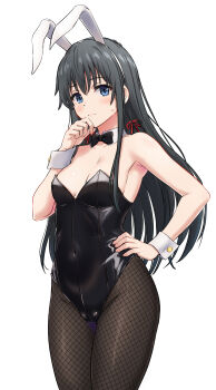 1girl absurdres alternate_costume animal_ear_hairband animal_ears armpit_peek bare_shoulders black_bow black_bowtie black_hair black_leotard black_pantyhose blue_eyes blush bow bowtie breasts cameltoe closed_mouth collar collarbone commentary_request covered_navel detached_collar fake_animal_ears fishnet_pantyhose fishnets groin hair_ribbon hairband hand_on_own_hip hand_to_own_mouth hand_up highleg highleg_leotard highres inanaki_shiki leotard long_hair looking_at_viewer pantyhose playboy_bunny rabbit_ear_hairband rabbit_ears red_ribbon ribbon simple_background small_breasts solo strapless strapless_leotard tail thighs white_background white_collar wrist_cuffs yahari_ore_no_seishun_lovecome_wa_machigatteiru. yukinoshita_yukino