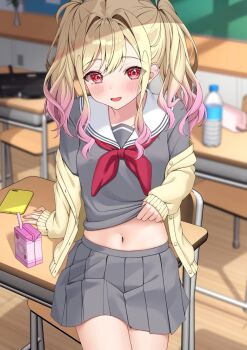 1girl arm_support bag black_bag blonde_hair blurry blurry_background blush bottle breasts cardigan cellphone chair charl2837 classroom clothes_lift collarbone commentary_request cowboy_shot desk dot_nose gradient_hair grey_serafuku grey_shirt grey_skirt highres indoors juice_box lifting_own_clothes long_hair long_sidelocks long_sleeves looking_at_viewer medium_breasts midriff miyamasuzaka_girls&#039;_academy_school_uniform multicolored_hair navel neckerchief off_shoulder on_desk open_cardigan open_clothes open_mouth pencil_case phone pink_hair pleated_skirt project_sekai red_eyes red_neckerchief sailor_collar school_bag school_chair school_desk school_uniform serafuku shirt shirt_lift sidelocks sitting skirt sleeves_past_wrists smartphone solo tareme tenma_saki twintails two-tone_hair water_bottle white_sailor_collar wooden_floor yellow_cardigan