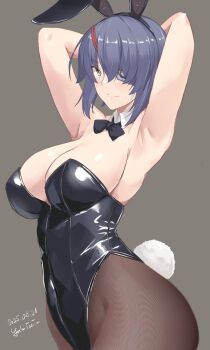 1girl animal_ears arms_behind_head artist_name bare_shoulders black_leotard bow bowtie breasts brown_background brown_pantyhose cleavage dated detached_collar eyepatch fake_animal_ears highres kantai_collection large_breasts leotard long_hair looking_at_viewer pantyhose playboy_bunny purple_hair rabbit_ears short_hair smile solo strapless strapless_leotard taira_yuuki tenryuu_(kancolle) traditional_bowtie wrist_cuffs yellow_eyes