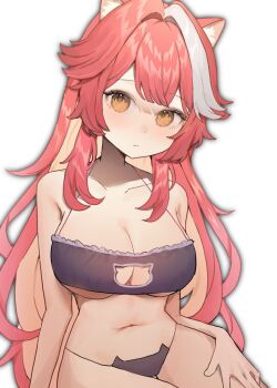 1girl animal_ears black_bra black_panties blush bra breasts cat_cutout cat_ear_panties cat_lingerie cleavage cleavage_cutout closed_mouth clothing_cutout collarbone commentary expressionless hair_intakes hashtag-only_commentary highres hololive hololive_english large_breasts long_hair looking_at_viewer multicolored_hair navel panther_ears panther_girl panties pink_hair raora_panthera simple_background solo stomach streaked_hair szuukie thighs two-tone_hair underwear virtual_youtuber white_background white_hair yellow_eyes