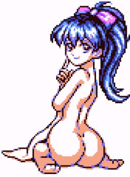 1girl ass black_eyes blue_hair bow finger_to_mouth from_behind gb_harobots good_ass_day hair_bow long_hair looking_at_viewer looking_back naked_towel nude pink_bow pixel_art ponytail saiwai_hiroshi sitting smile towel white_background youko_(gb_harobots)