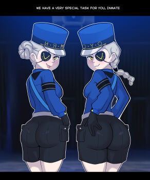 2girls absurdres ass atlus black_pants blue_shirt blush breasts caroline_(persona_5) english_text eyepatch female_focus hair_bun hands_on_own_ass hat highres justine_(persona_5) kisscoff kyojiri_loli legs logo loli looking_at_viewer looking_back medium_breasts multiple_girls naughty_face pants parted_lips persona persona_5 police police_hat police_uniform policewoman ponytail presenting presenting_ass prison seductive_gaze seductive_smile sega shirt shorts siblings sideboob sisters smile take_your_pick teeth thick_thighs thighs tongue tongue_out twins white_hair yellow_eyes