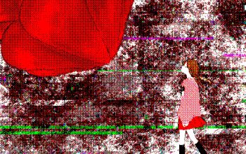 1girl bad_link black_socks braid brown_hair closed_eyes denkai_461 dithering from_side highres jellyfish kneehighs long_hair long_sleeves looking_up madotsuki pink_sweater pleated_skirt red_skirt skirt socks static sweater walking yume_nikki