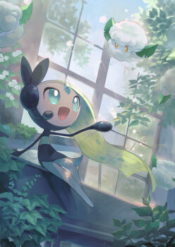 :d arm_support bright_pupils commentary_request cottonee day floating_hair gen_5_pokemon green_hair hand_up highres kikuyoshi_(tracco) legendary_pokemon meloetta mythical_pokemon nintendo open_mouth pokemon pokemon_(creature) pokemon_focus sitting smile tongue window