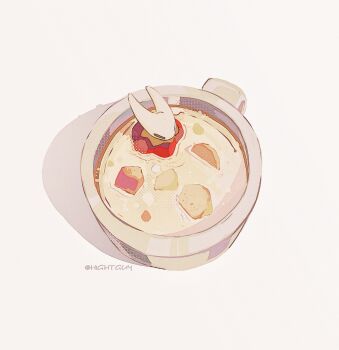 1girl arthropod_girl artist_name chinese_commentary cloak closed_eyes commentary_request cup film_grain food food_focus from_above full_body halftone halftone_background highres hightguy hollow_knight hornet_(hollow_knight) horns mug red_cloak shadow simple_background solo soup white_background