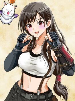 1girl armpit_crease bare_shoulders belt black_gloves black_hair black_skirt black_sports_bra blush bracelet collarbone commentary_request crop_top earrings elbow_gloves fighting_stance final_fantasy final_fantasy_vii final_fantasy_vii_remake fingerless_gloves gloves hair_behind_ear highres jewelry long_hair looking_at_viewer low-tied_long_hair macqueen7777 midriff moogle navel open_mouth red_eyes single_arm_guard single_earring skirt sports_bra suspender_skirt suspenders tank_top tifa_lockhart upper_body white_tank_top