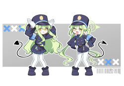 Rule 34 | 2girls, :&lt;, :d, armband, arms up, barcode, blue archive, blue armband, blue footwear, blue hair, blue jacket, blue shorts, boots, buttons, chibi, chibi only, demon tail, double-breasted, earrings, fang, gloves, green hair, green halo, grey background, halo, hands on own hips, hat, highres, hikari (blue archive), jacket, jewelry, long hair, looking at viewer, multiple girls, nemoga, nozomi (blue archive), open mouth, outline, pantyhose, peaked cap, pleated skirt, pointy ears, shorts, siblings, sidelocks, single earring, sisters, skin fang, skirt, smile, tail, twins, twintails, very long hair, whistle, white gloves, white outline, white pantyhose, yellow eyes
