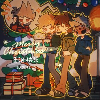 4boys animification black_eyes blue_hoodie brown_hair christmas christmas_lights christmas_tree closed_eyes commentary crossed_arms edd_(eddsworld) eddsworld english_commentary english_text film_grain gift green_hoodie green_jacket hair_ears holding holding_phone hood hood_down hoodie immuir jacket male_focus matt_(eddsworld) merry_christmas multiple_boys open_mouth orange_hair phone purple_hoodie red_eyes red_hoodie smile speech_bubble talking_on_phone tom_(eddsworld) tord_(eddsworld) translation_request walking