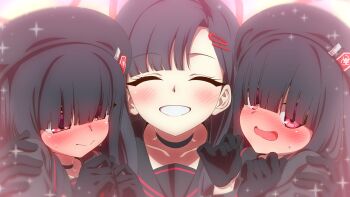 3girls beret black_gloves blue_archive blush closed_eyes gloves hair_between_eyes hair_ornament hairpin halo hat highres hug ichika_(blue_archive) jewelry jin_rey justice_task_force_member_(blue_archive) multiple_girls necklace open_mouth smile sweat