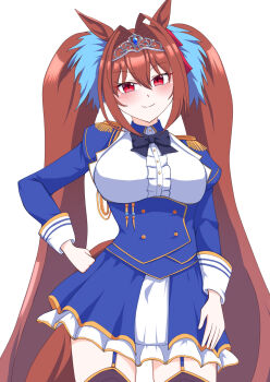 Rule 34 | 1girl, aiguillette, animal ears, black thighhighs, blue jacket, blue skirt, blush, bow, breasts, brown hair, center frills, closed mouth, commentary request, daiwa scarlet (peak blue) (umamusume), daiwa scarlet (umamusume), epaulettes, framed breasts, frills, garter straps, hair between eyes, hair intakes, highres, horse ears, horse girl, horse tail, jacket, juliet sleeves, kei (nittotiru), large breasts, layered skirt, long hair, long sleeves, looking at viewer, puffy sleeves, red eyes, shirt, simple background, skirt, smile, solo, tail, thighhighs, tiara, twintails, umamusume, very long hair, white background, white shirt, white skirt